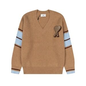 Ami Tan Sweater with Blue and Brown Stripes